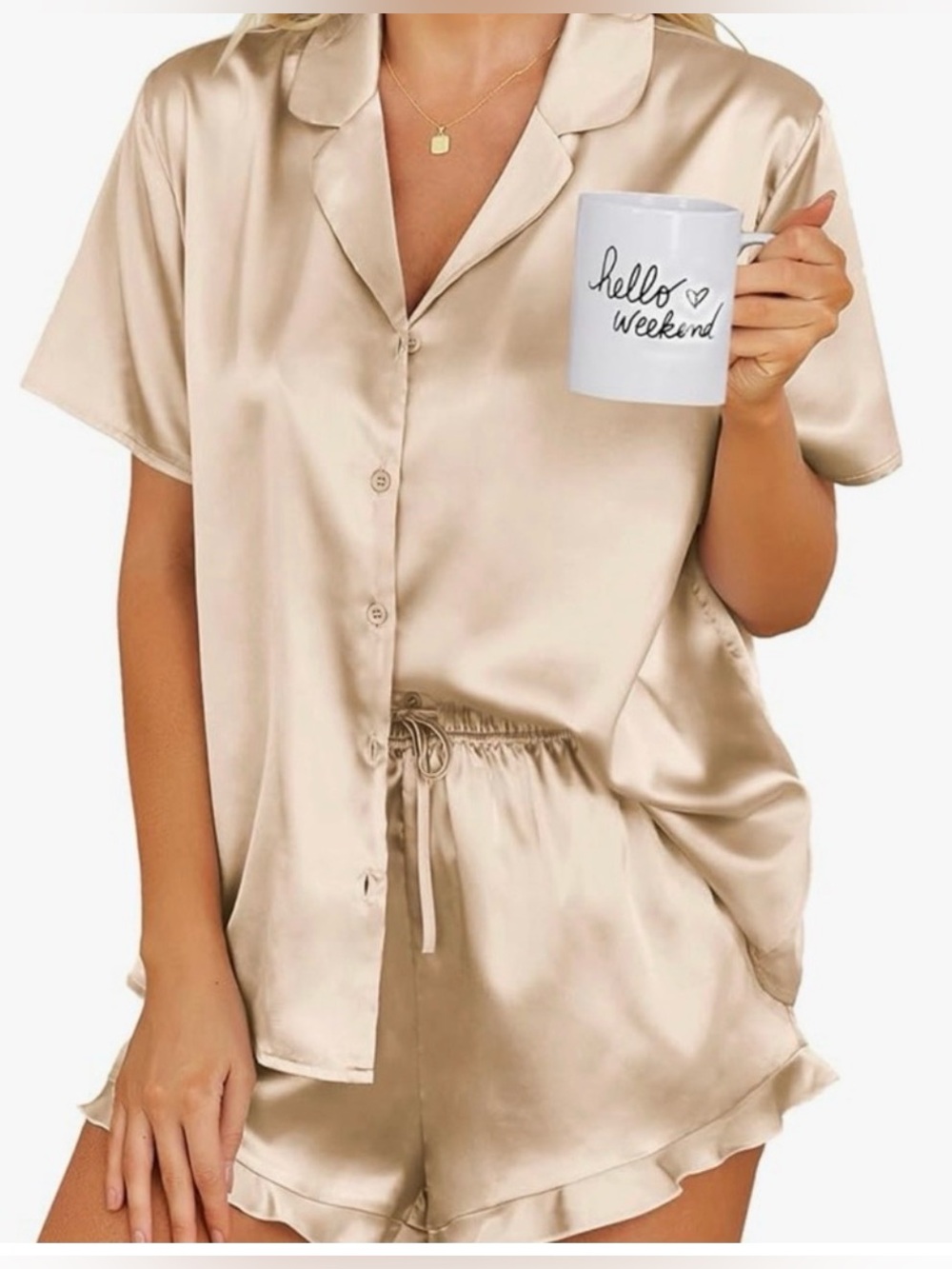 Ekouaer Satin Button Down Top Shorts Two Piece Pajama Set Champagne Size L